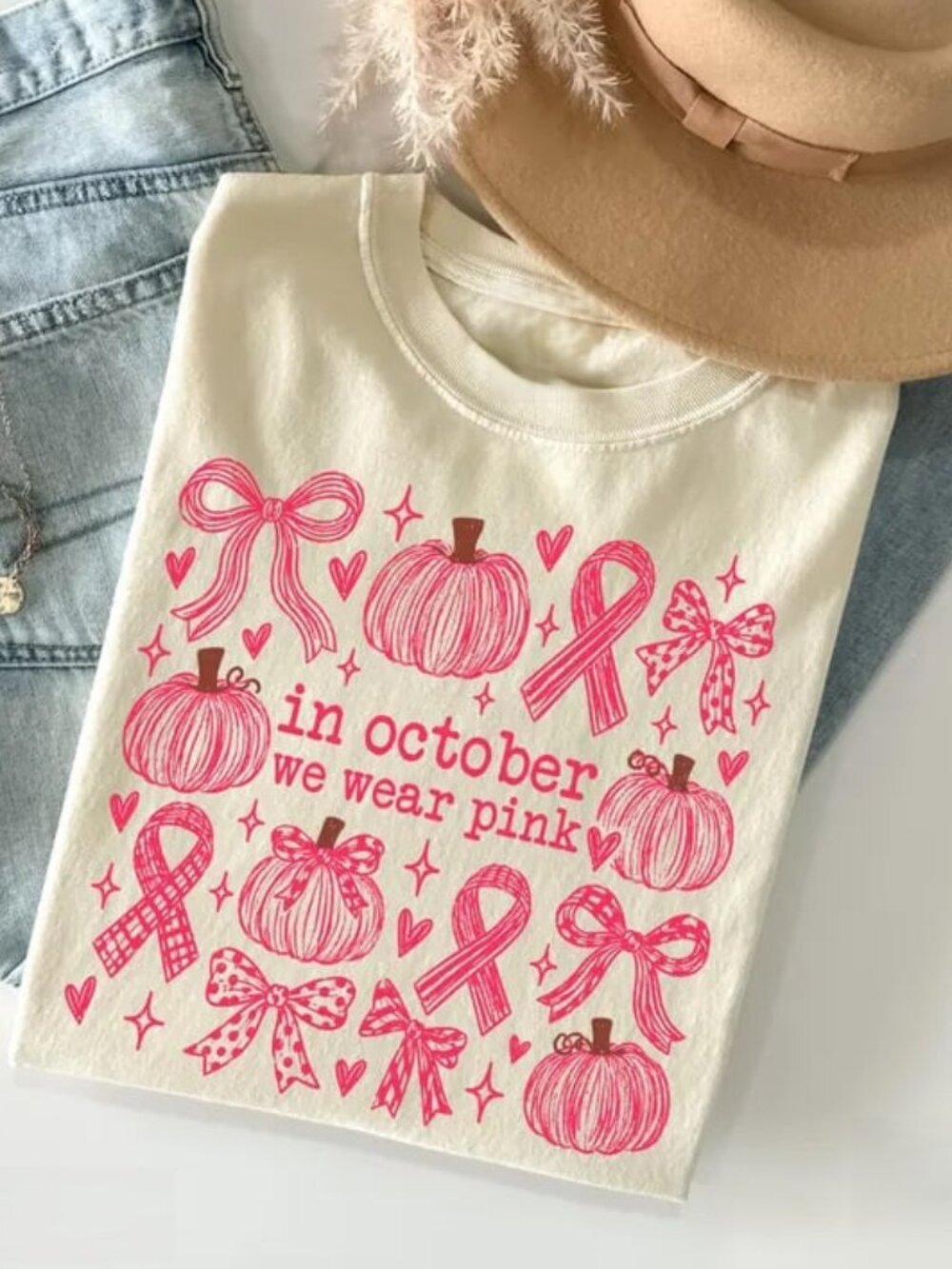 In October We Wear Pink Shirt, Pink Pumpkin Tshirt, Breast Cancer Awareness Tee